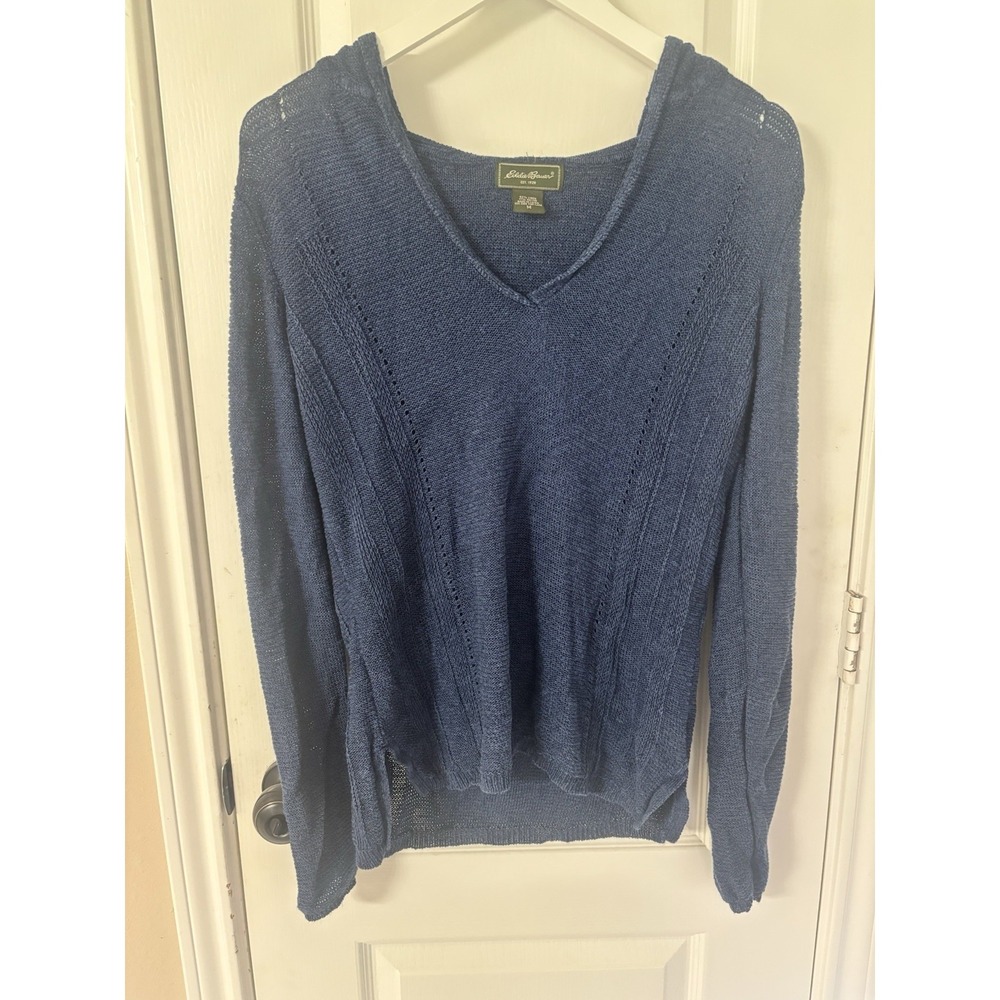 Eddie Bauer Women's Medium Linen Rayon Open Knit V Neck Boho Hooded Sweater Blue